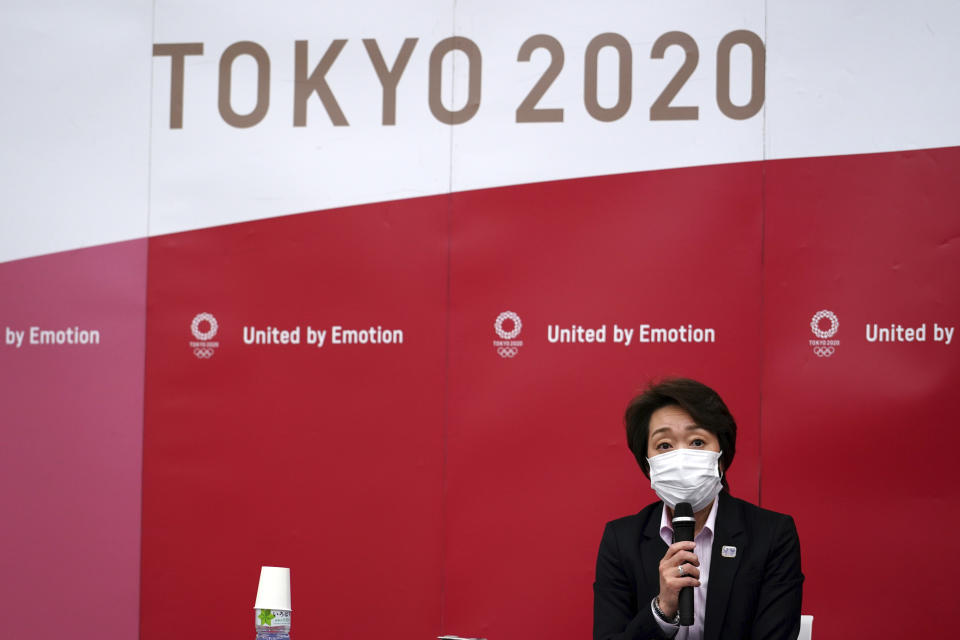 Seiko Hashimoto, president of the Tokyo 2020 Organizing Committee of the Olympic and Paralympic Games (Tokyo 2020), speaks during a news conference Thursday, March 11, 2021, after attending the International Olympic Committee (IOC) general meeting. (AP Photo/Eugene Hoshiko, Pool)