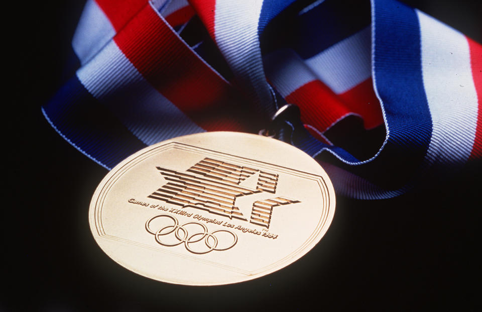 <p>A gold medal from the 1984 Los Angeles Olympic Games. (Vince Compagnone/Los Angeles Times via Getty Images) </p>