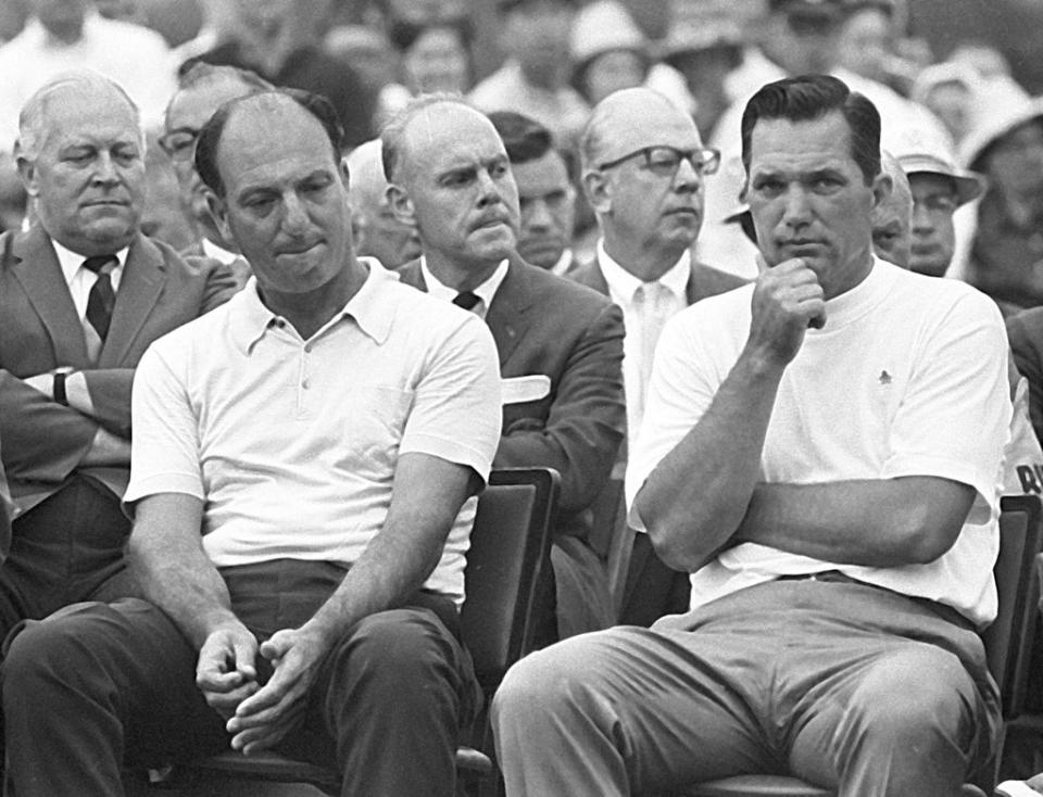 Bob Goalby, right, beat Roberto De Vicenzo to the 1968 Masters in contentious fashion (AP)