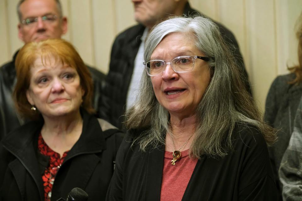 Donna Van Treese, widow of victim Barry Alan Van Treese speaks after clemency was deinied at the Oklahoma Pardon and Parole Board clemency hearing for Richard Glossip Wednesday, April 26, 2023.