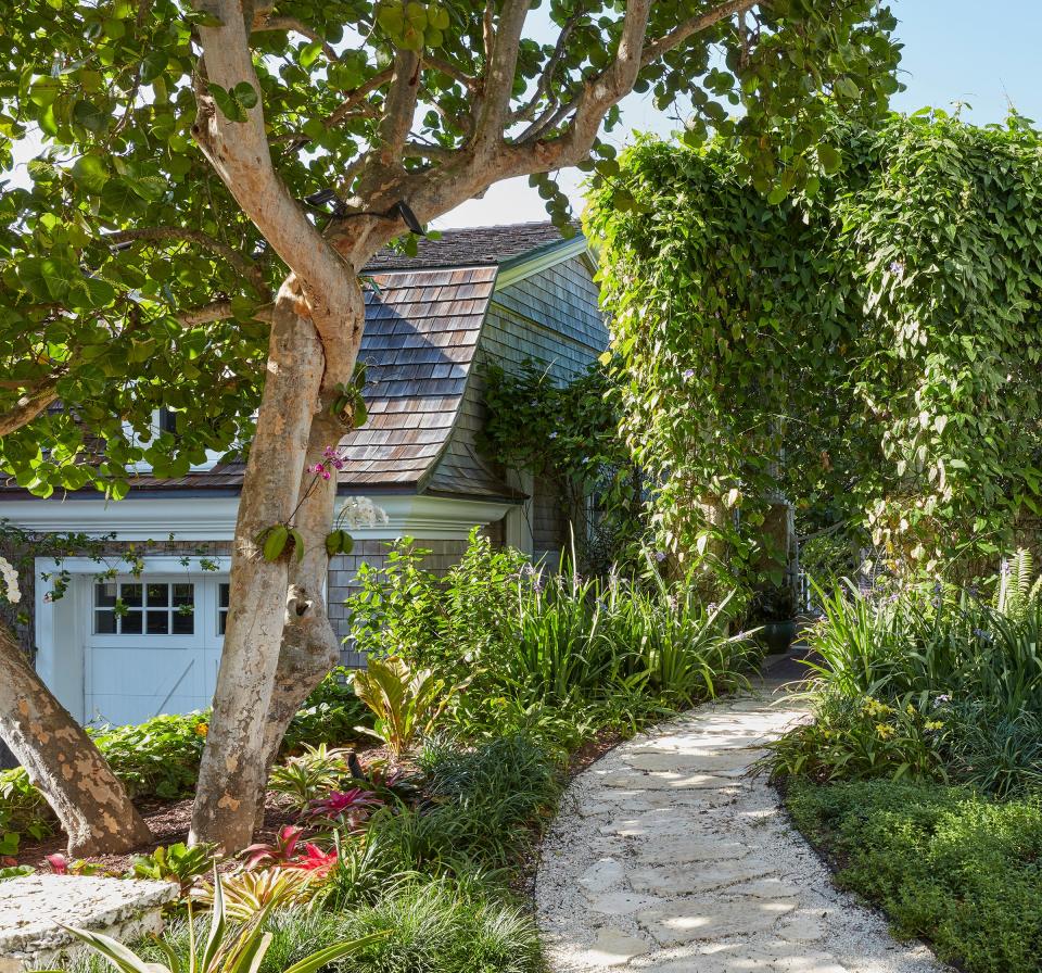 On the way to the Smithcouple’s expansive backyard, the path is lined with colorful bromeliads, Iris, Liriope and more. The native swamp twinflower, a softly mounding ground cover with lavender flowers, fills areas that were originally planted in turf, on both sides of the home’s entry stairs, with a section visible at the lower right-hand corner.