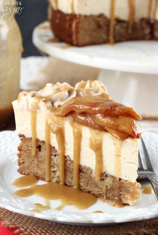 <p>Life Love and Sugar</p><p>Apple spice blondie topped with no-bake caramel cheesecake, finished with cinnamon apples and caramel sauce.</p><p><strong>Get the recipe: <a href="https://www.lifeloveandsugar.com/caramel-apple-blondie-cheesecake/" rel="nofollow noopener" target="_blank" data-ylk="slk:Caramel Apple Blondie Cheesecake;elm:context_link;itc:0;sec:content-canvas" class="link ">Caramel Apple Blondie Cheesecake</a></strong></p>