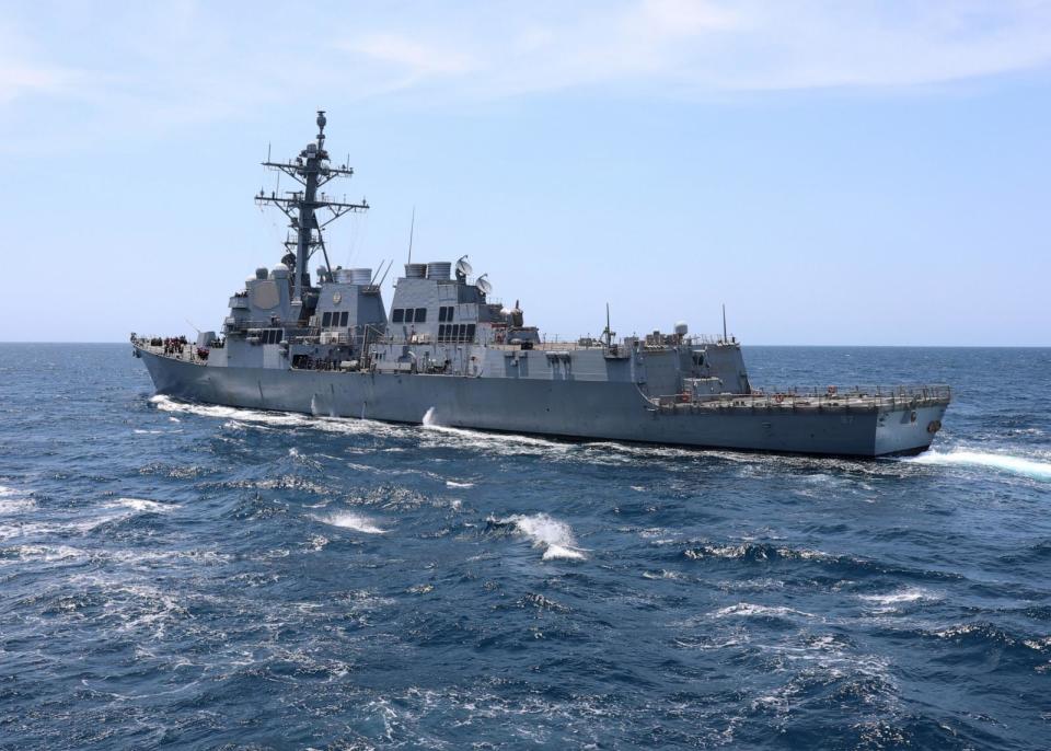 PHOTO: The guided-missile destroyer USS Mason (DDG 87) steams away from the fleet replenishment oiler USNS Joshua Humphreys (T-AO 188) after completing an underway replenishment-at-sea in the Atlantic Ocean, July 17, 2021. (Bill Mesta/U.S. Navy Military Sealift Command, FILE)