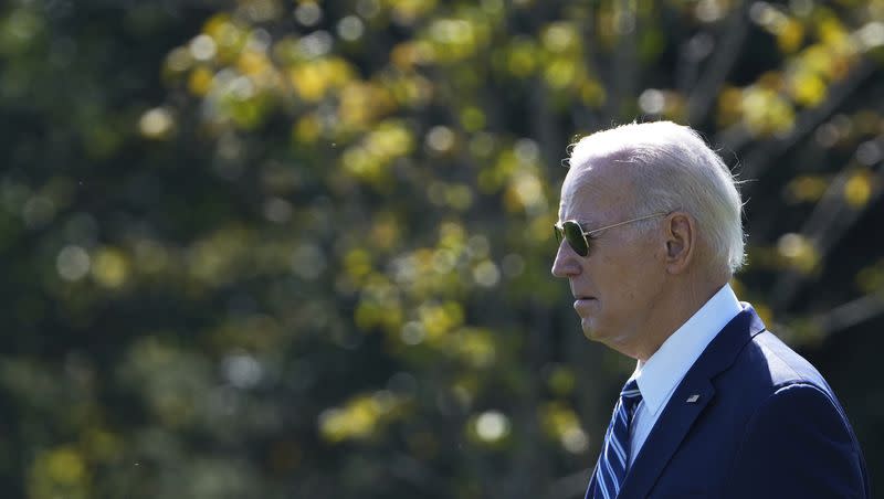 President Joe Biden walks towards Marine One on the South Lawn of the White House in Washington, Friday, Oct. 13, 2023. Biden is heading to Philadelphia to make an official announcement during an economic-themed visit.