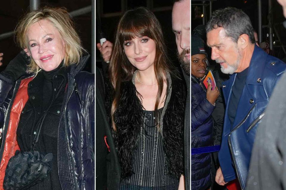 <p>Gotham/GC </p> Melanie Griffith and Antonio Banderas support Dakota Johnson at 