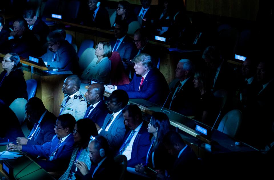 President Donald Trump, flanked by Vice President Mike Pence, attends the UN Climate Action Summit on September 23, 2019 at the United Nations.