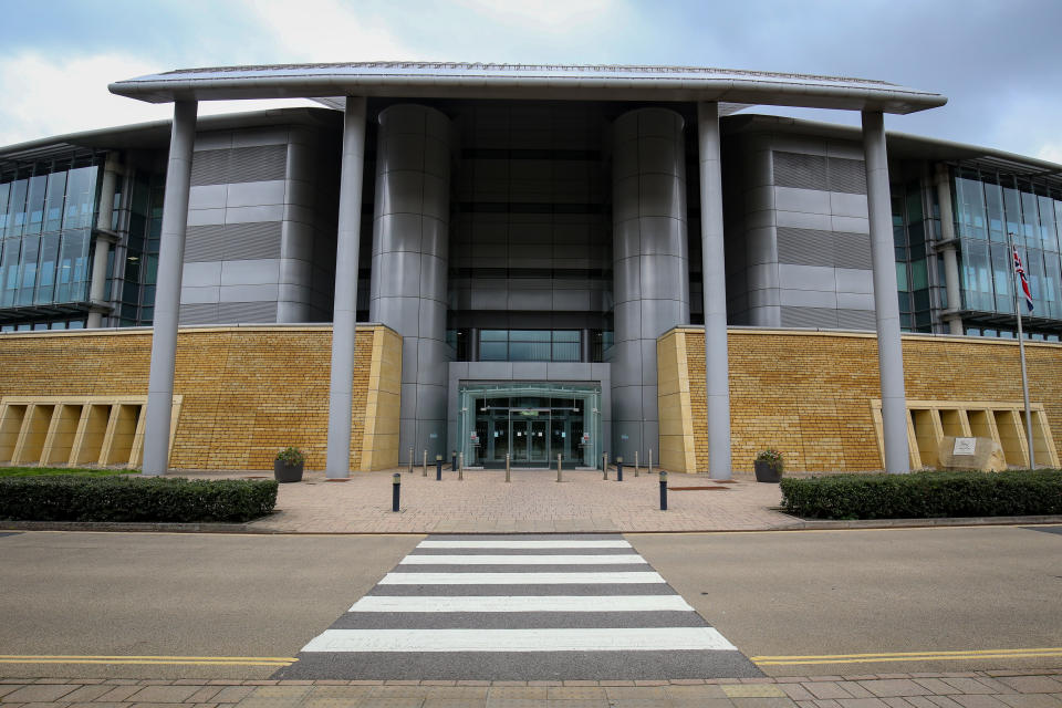 The main entrance to Government Communications Headquarters, commonly known as GCHQ, the intelligence and security organisation responsible for providing signals intelligence and information assurance to the government and armed forces of the United Kingdom, based in Cheltenham.