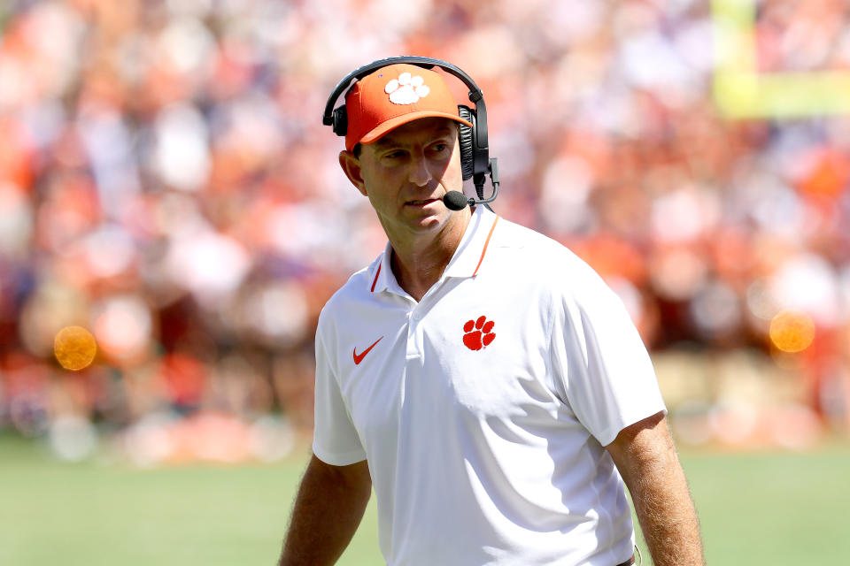 CLEMSON, SC - SEPTEMBER 23: Clemson Tigers head coach Dabo Swinney during a college football game between the Florida State Seminoles and the Clemson Tigers on September 23, 2023, at Clemson Memorial Stadium in Clemson, S.C.  (Photo by John Byrum/Icon Sportswire via Getty Images)