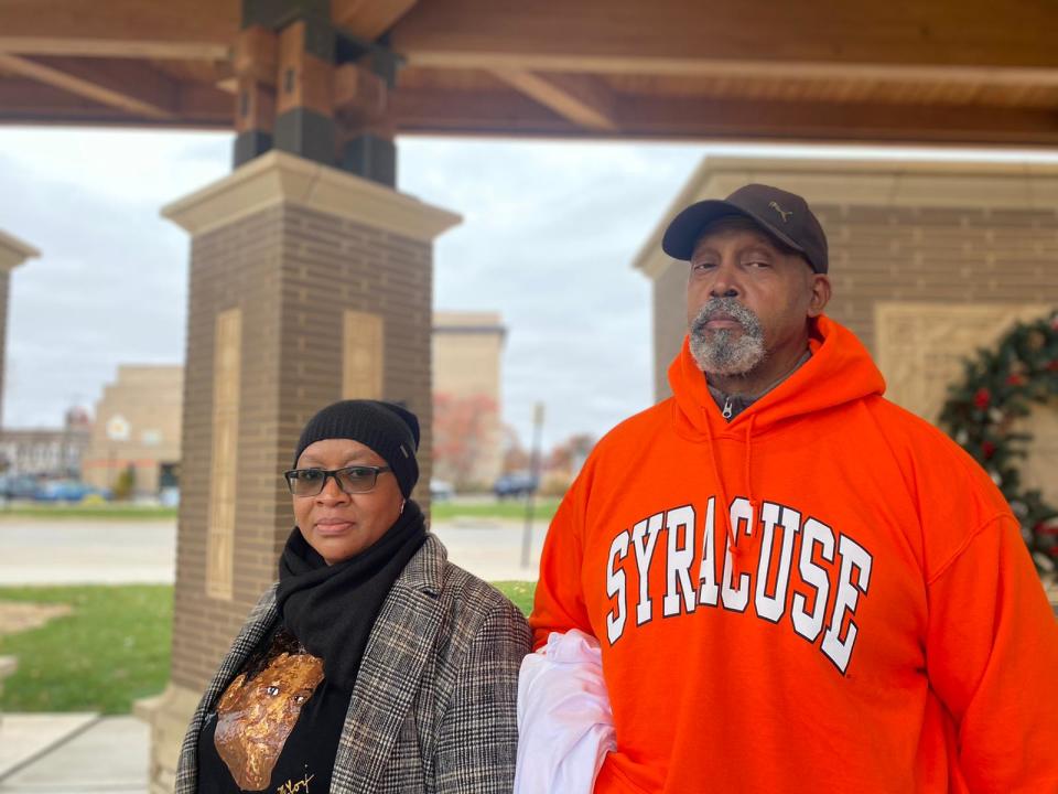 Paula Terrell and James Williams during a vigil for their loved one Michael Williams, on Saturday, Nov. 13, 2021, at Grinnell's Central Park. A first-degree murder trial for Steven Vogel, the man charged with killing Michael Williams, started the previous day.