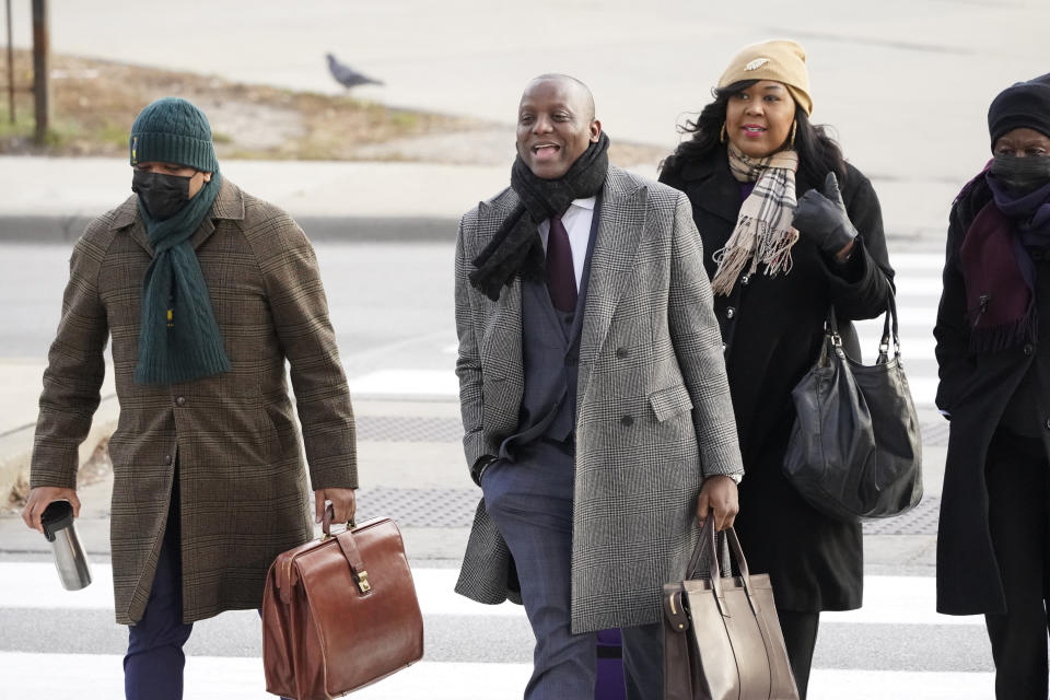 Actor Jussie Smollett's defense attorney Nenye Uche arrives Tuesday, Dec. 7, 2021, at the Leighton Criminal Courthouse with members of his legal team for day six of his trial in Chicago. Smollett is accused of lying to police when he reported he was the victim of a racist, anti-gay attack in downtown Chicago nearly three years ago, in Chicago. (AP Photo/Charles Rex Arbogast)