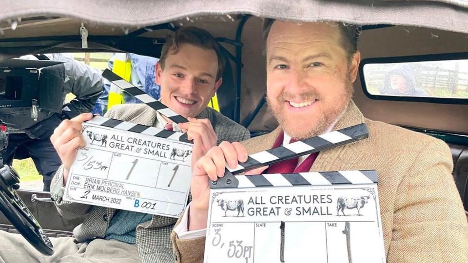 Callum Woodhouse and Samuel West in behind-the-scenes photo of All Creatures Great and Small series three