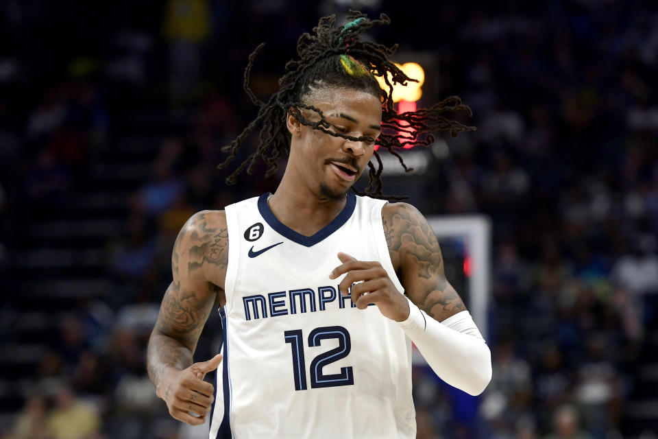 Memphis Grizzlies guard Ja Morant (12) plays in the first half of an NBA basketball game against the Portland Trail Blazers Tuesday, April 4, 2023, in Memphis, Tenn. (AP Photo/Brandon Dill)