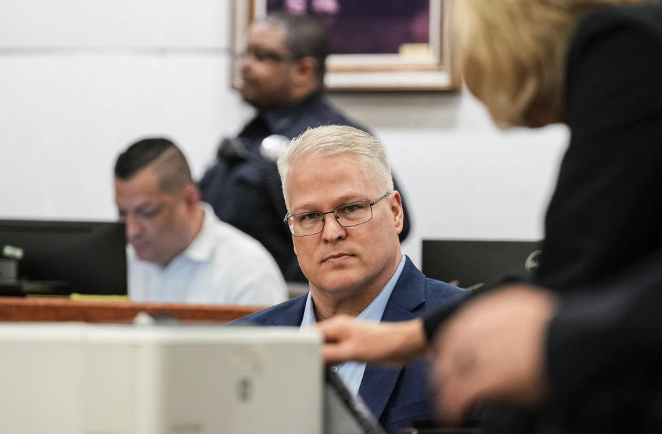 David Temple is shown during his sentencing trial in the Harris County 178th District Criminal Court Monday April 10, 2023 in Houston. David Temple was convicted for the second time for the murder of his pregnant wife, Belinda Lucas Temple, in Aug. 2019, but the sentencing was postponed due to the COVID-19 pandemic. (Raquel Natalicchio/Houston Chronicle via AP)