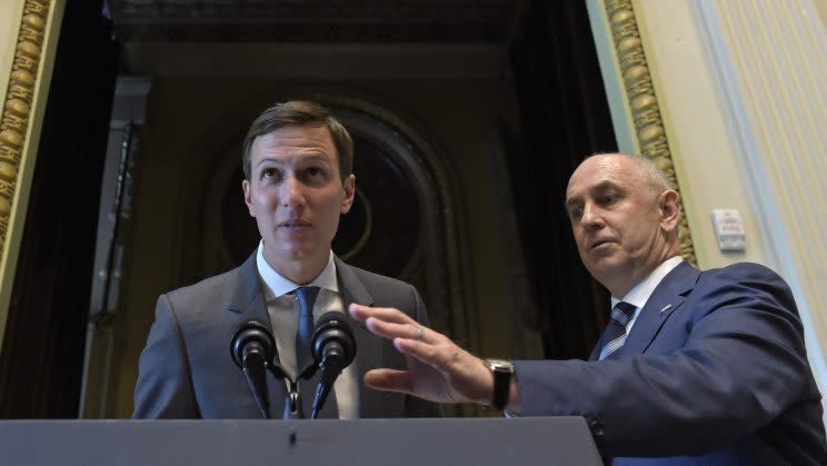 Jared Kushner, Senior Advisor to the president and son-in-law, and Christopher Liddell, director of strategic initiatives, speak at the White House. Source: AP