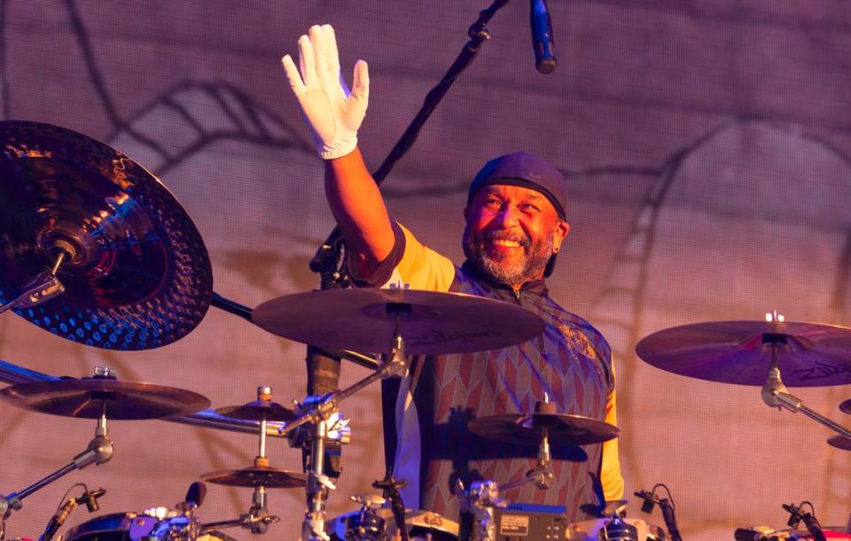 Drummer Carter Beauford waves to fans as The Dave Matthews Band takes the stage at Raleigh, N.C.’s Coastal Credit Union at Walnut Creek, Friday night, June 14, 2024.