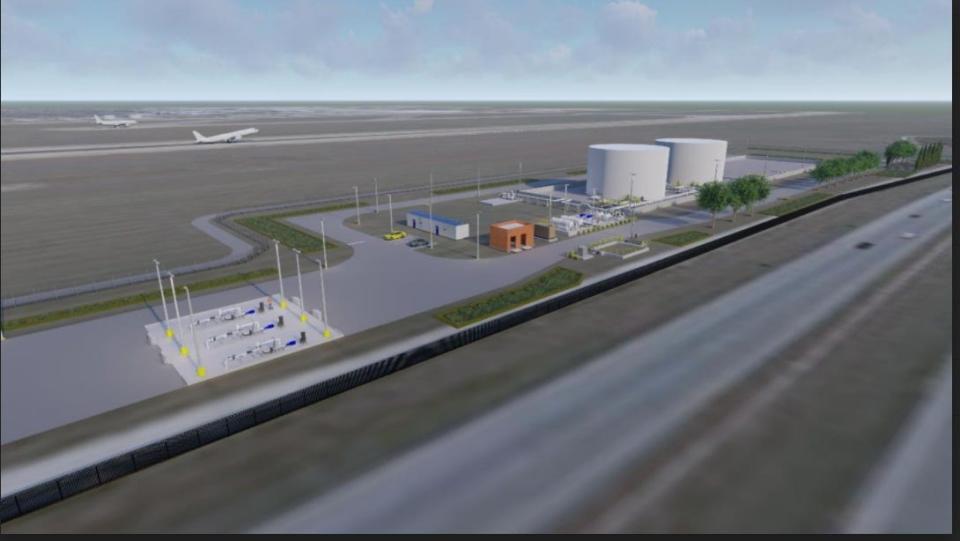 Rendering of a jet fuel storage facility to be built on the western edge of Austin-Bergstrom International Airport, along U.S. 183 between McCall Lane and Metropolis Drive.