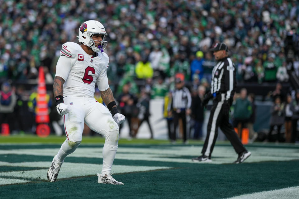 Arizona Cardinals running back James Conner reacts after scoring a touchdown against the Philadelphia Eagles during the second half of an NFL football game, Sunday, Dec. 31, 2023, in Philadelphia. The Cardinals won 35-31. (AP Photo/Matt Slocum)