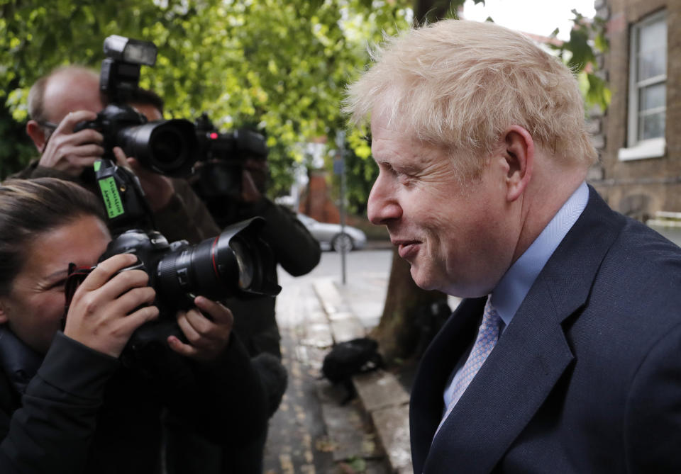 British Conservative Party lawmaker Boris Johnson leaves his home in London, Tuesday, June 11, 2019. Britain's Conservative Party is holding an election to replace Prime Minister Theresa May, who resigned last week after failing to lead Britain out of the European Union on schedule. Former Foreign Minister Boris Johnson is currently the bookies favorite to replace May. (AP Photo/Frank Augstein)