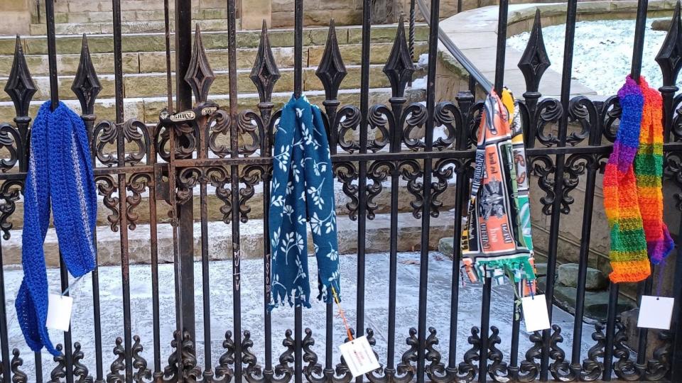 PHOTO: Volpe said she likes to choose areas with “a lot of foot traffic” to tie up the scarves so they are more noticeable. (Courtesy of Suzanne Volpe )