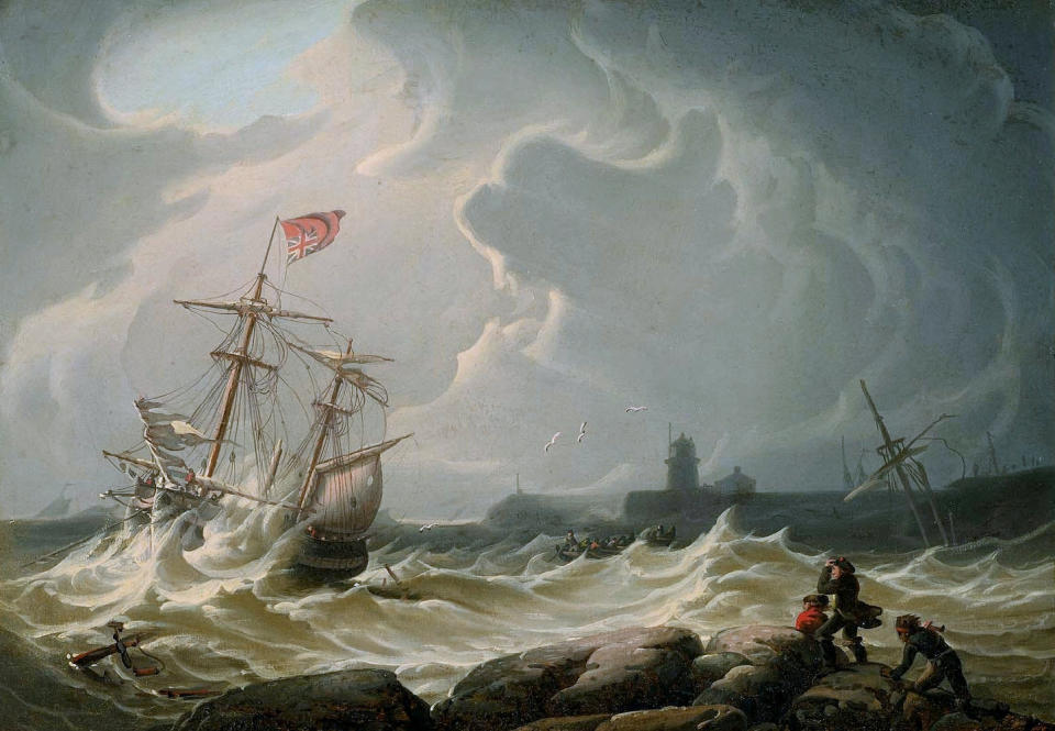 A painting by Robert Salmon depicting a British ship foundering near dangerous rocks. See SWNS story SWPLanchor; Fisherman have found a huge anchor in their nets thought to be from one of the most valuable shipwrecks in history – known as “the El Dorado of the seas”. The anchor, brought up in the nets of Cornish fishing vessel Spirited Lady earlier this week, could be from The Merchant Royal, a 17th-century English treasure ship. Crew on the fishing boat Spirited Lady couldn't believe their eyes when the enormous anchor appeared in their nets – it is estimated to date to between 1600-1800. The anchor's massive size and age have led to speculation that it may once have belonged to the Merchant Royal which sank off Land's End in September 1641.