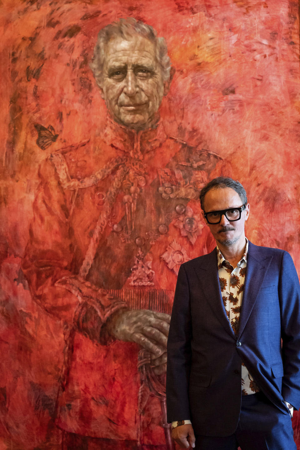 Artist Jonathan Yeo, at the unveiling of artist Jonathan Yeo's portrait of the King, in the blue drawing room at Buckingham Palace, in London, Tuesday May 14, 2024. The portrait was commissioned in 2020 to celebrate the then Prince of Wales's 50 years as a member of The Drapers' Company in 2022. The artwork depicts the King wearing the uniform of the Welsh Guards, of which he was made Regimental Colonel in 1975. The canvas size - approximately 8.5 by 6.5 feet when framed - was carefully considered to fit within the architecture of Drapers' Hall and the context of the paintings it will eventually hang alongside. (Aaron Chown/Pool Photo via AP)