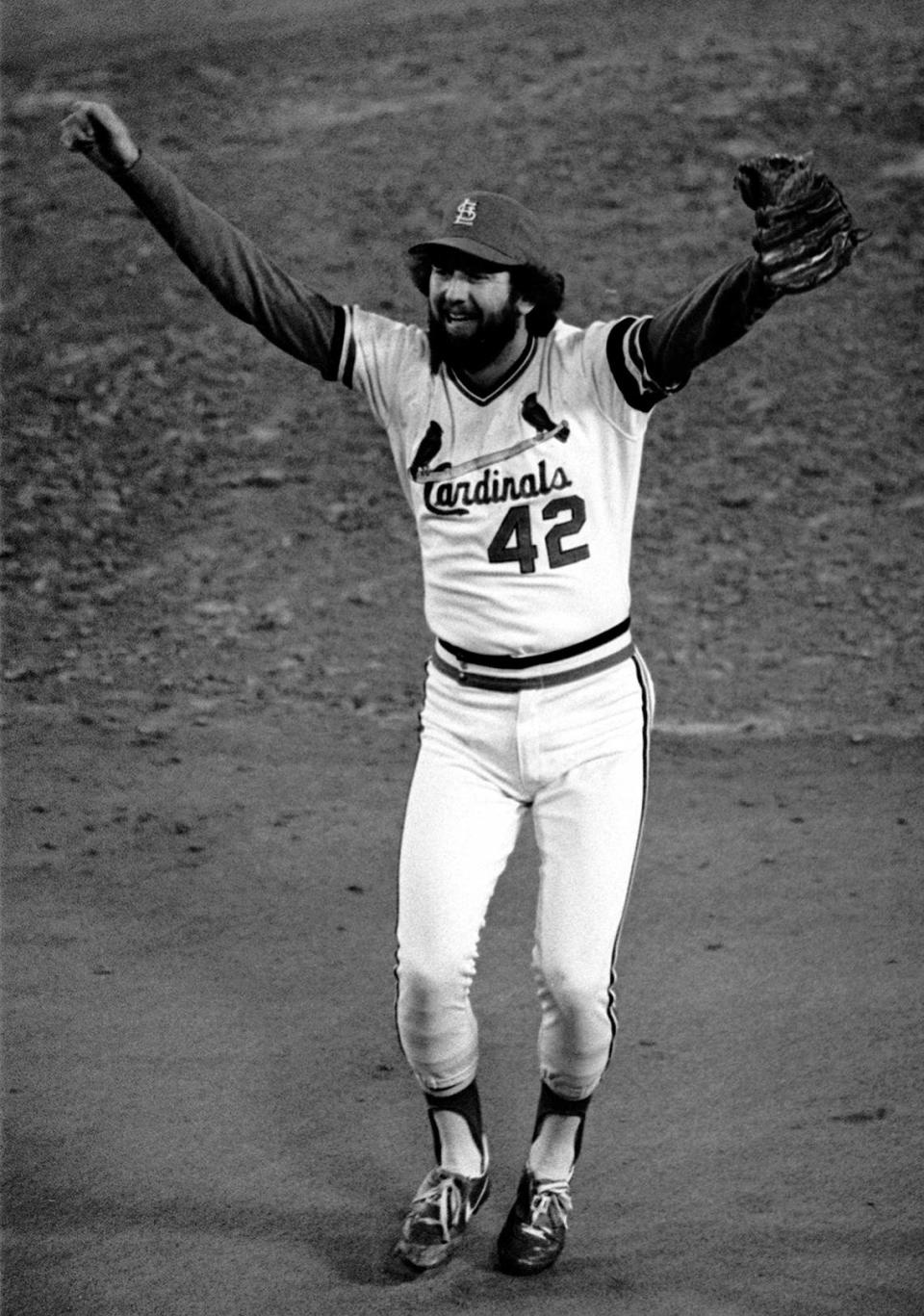 ** FILE ** St. Louis Cardinals pitcher Bruce Sutter leaps off the mound after the last out in the ninth inning of the World Series against the Milwaukee Brewers in St. Louis in this Oct. 20, 1982 file photo. Sutter was elected to the Hall of Fame on Tuesday,Jan. 10, 2006 just the fourth relief pitcher given baseball’s highest honor. (AP Photo/FILE)