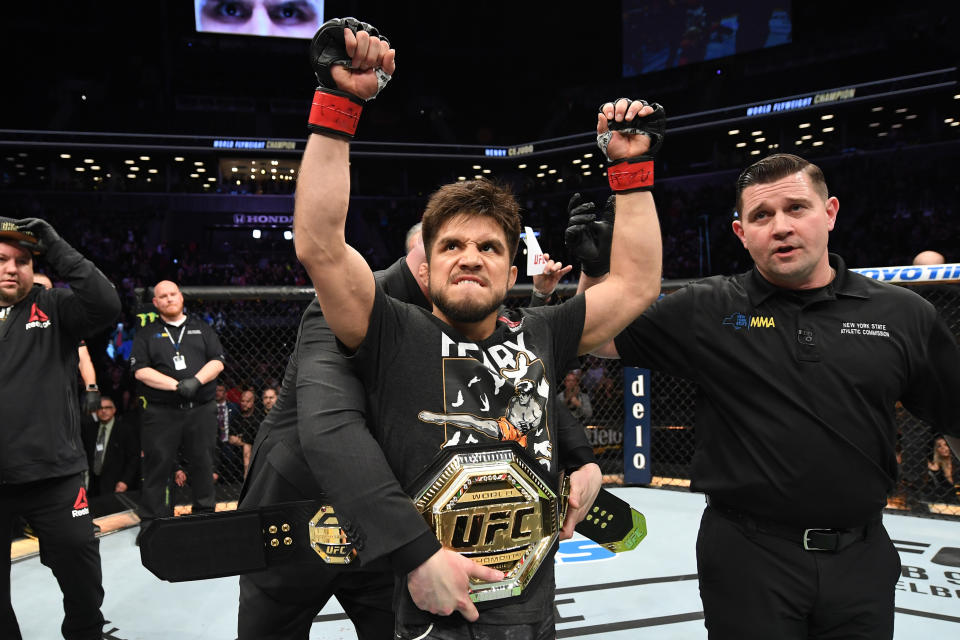 Henry Cejudo celebrates his TKO victory over T.J. Dillashaw in their flyweight bout during the UFC Fight Night event at the Barclays Center on Jan. 19, 2019 in the Brooklyn borough of New York City. (Getty Images)