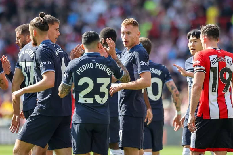 Tottenham Hotspur's Dejan Kulusevski celebrates scoring the opening goal with teammates against Sheffield United