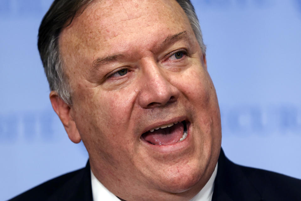 Secretary of State Mike Pompeo speaks to reporters following a meeting with members of the U.N. Security Council, Thursday, Aug. 20, 2020, at the United Nations. The Trump administration has formally notified the United Nations of its demand for all U.N. sanctions on Iran to be restored, citing significant Iranian violations of the 2015 nuclear deal. (Mike Segar/Pool via AP)