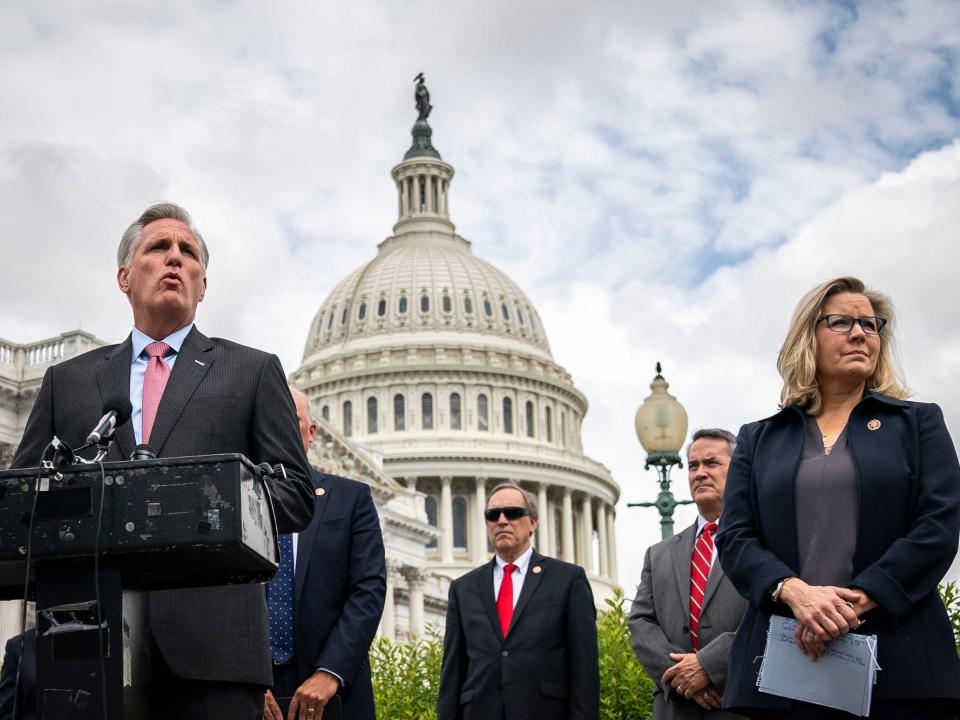 McCarthy and Republican Rep. Liz Cheney of Wyoming at a press conference touting their lawsuit against Pelosi over proxy voting on May 27, 2020.