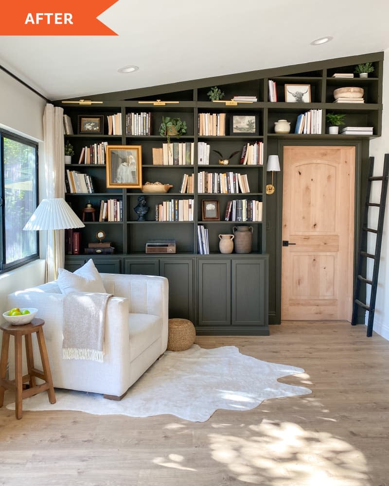 After: Room with green built-in bookshelf on one wall