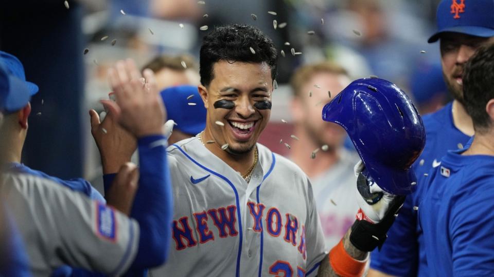 New York Mets designated hitter Mark Vientos (27) celebrates a solo home run in the second inning against the Miami Marlins.