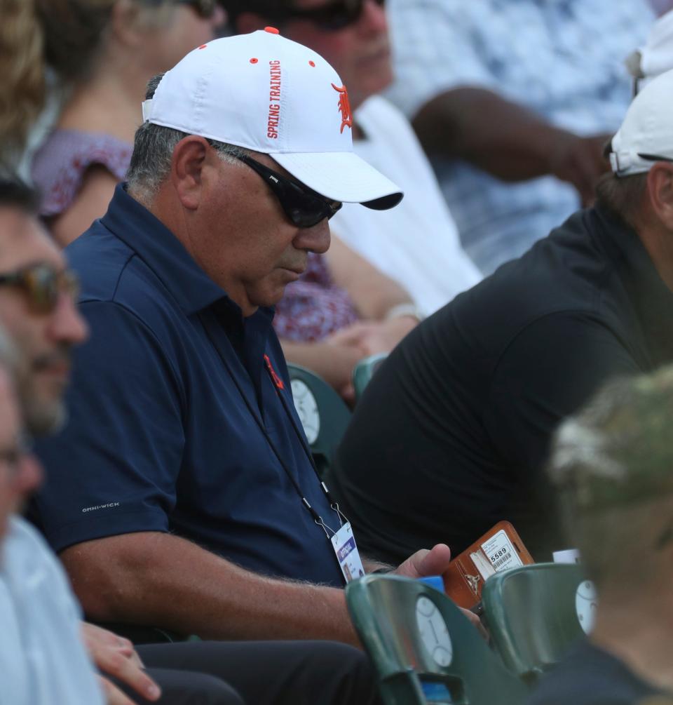Detroit Tigers GM Al Avila watches action against the Pittsburgh Pirates at LECOM Park on Saturday, March 19, 2022 in Bradenton, Florida.