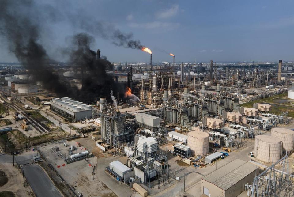 An overhead view of an explosion at a Shell USA Inc. facility on May 5, 2023 in Deer Park.