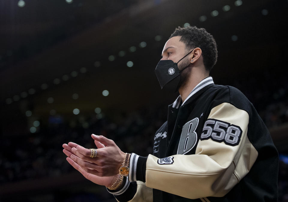 NEW YORK, NEW YORK - FEBRUARY 16: Ben Simmons #25 of the Brooklyn Nets reacts during the game against the New York Knicks at Madison Square Garden on February 16, 2022 in New York City. NOTE TO USER: User expressly acknowledges and agrees that, by downloading and or using this photograph, User is consenting to the terms and conditions of the Getty Images License Agreement. (Photo by Michelle Farsi/Getty Images)