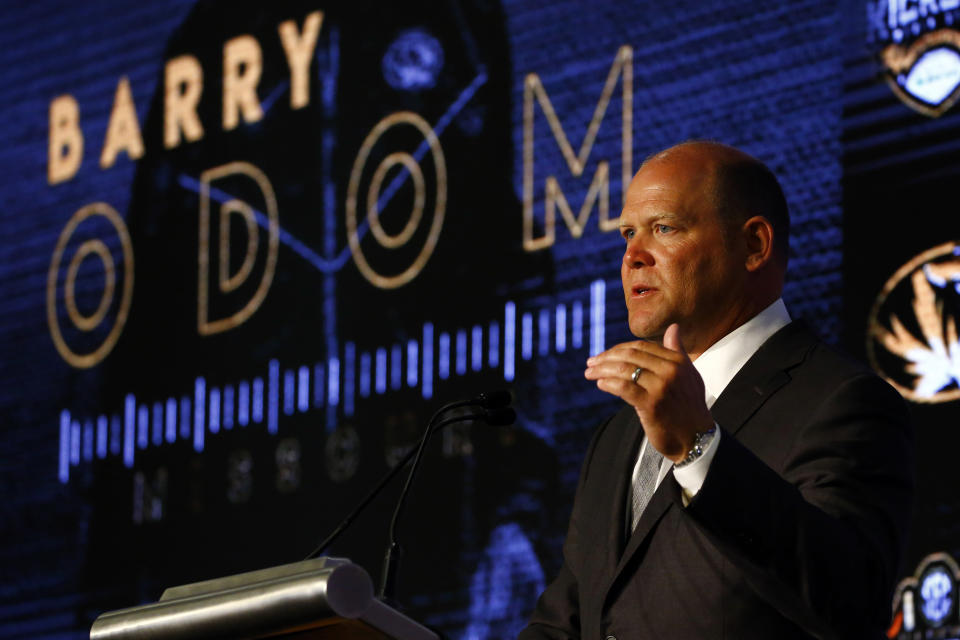 Missouri head coach Barry Odom speaks during the NCAA college football Southeastern Conference Media Days, Monday, July 15, 2019, in Hoover, Ala. (AP Photo/Butch Dill)