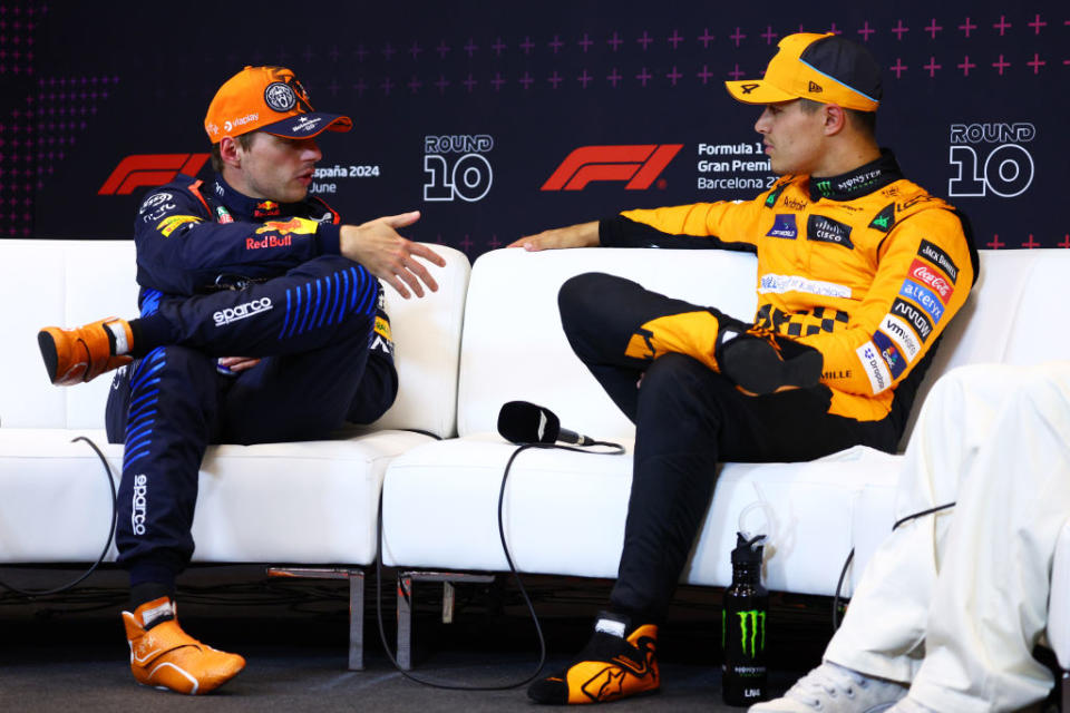 BARCELONA, SPAIN - JUNE 22: 2nd placed qualifier Max Verstappen of the Netherlands and Oracle Red Bull Racing and Pole position qualifier Lando Norris of Great Britain and McLaren attend the press conference after qualifying ahead of the F1 Grand Prix of Spain at Circuit de Barcelona-Catalunya on June 22, 2024 in Barcelona, Spain. (Photo by Clive Rose/Getty Images)