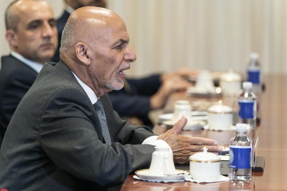 Afghan President Ashraf Ghani speaks before a meeting with Secretary of Defense Lloyd Austin at the Pentagon in Washington, Friday, June 25, 2021. (AP Photo/Alex Brandon)