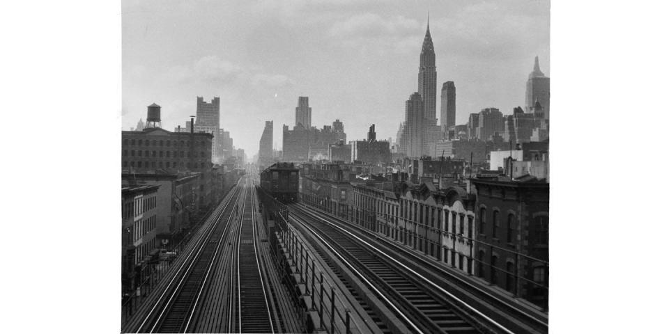 <p>The New York City skyline is seen in the background of this view down the train tracks entering the borough of Manhattan. </p>