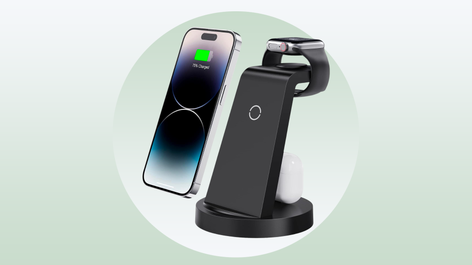 three-in-one charging station with iPhone, Apple Watch and AirPods