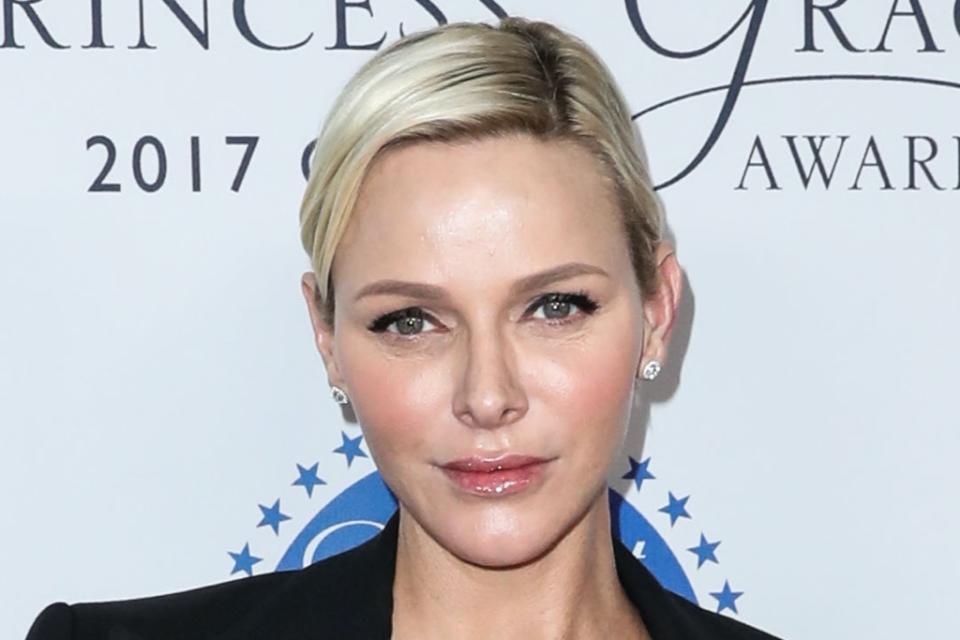 Princess Charlene, black pumps, black pants, leather pants, red carpet, Princess Grace Awards, Gala