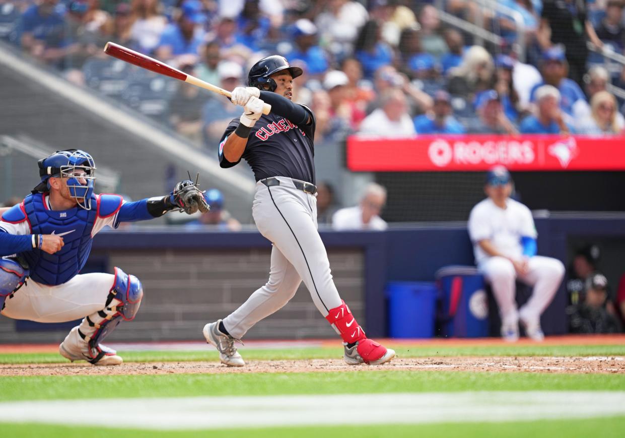 Guardians designated hitter Steven Kwan hits a single against the Blue Jays during the eighth inning, June 15, 2024, in Toronto.