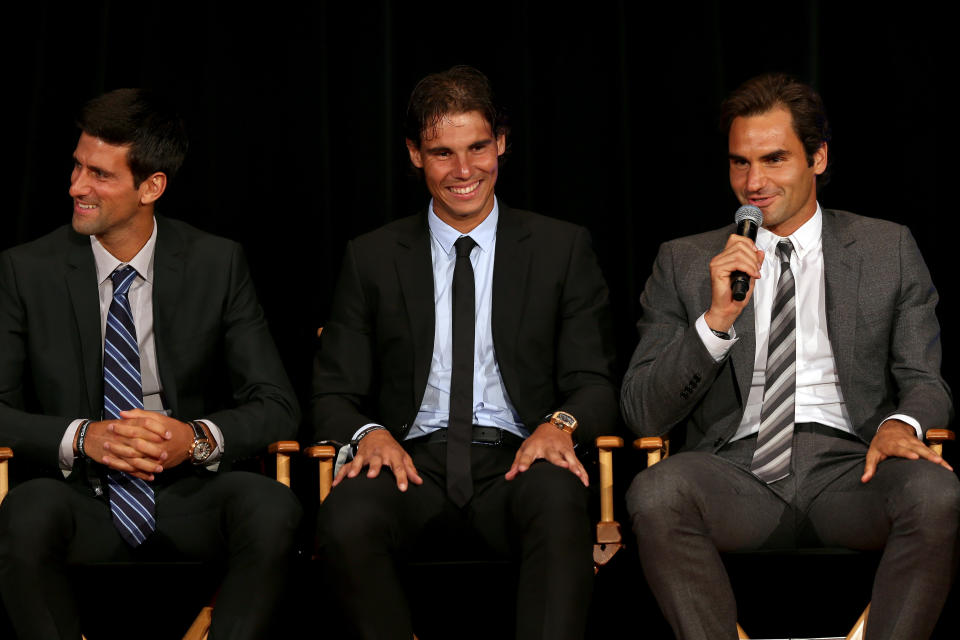 Novak Djokovic, Rafa Nadal y Roger Federer durante un acto. (Foto: Matthew Stockman / Getty Images).