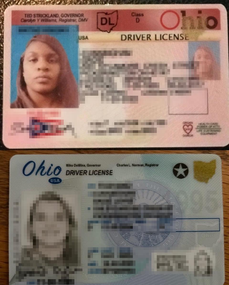 At top: A forged Ohio driver's license used by Lashawnda Scales, claiming to be that of a young Ohio woman. At bottom: The Ohio victim's real driver's license. Police say Scales stole the victim's identity, leading to threats from credit agencies and eviction notices from properties 2,000 miles away from where she lives.