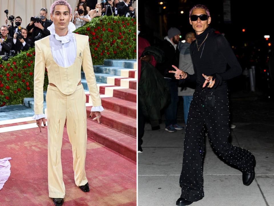Evan Mock at the 2022 Met Gala (left) and the actor at the after-party (right).
