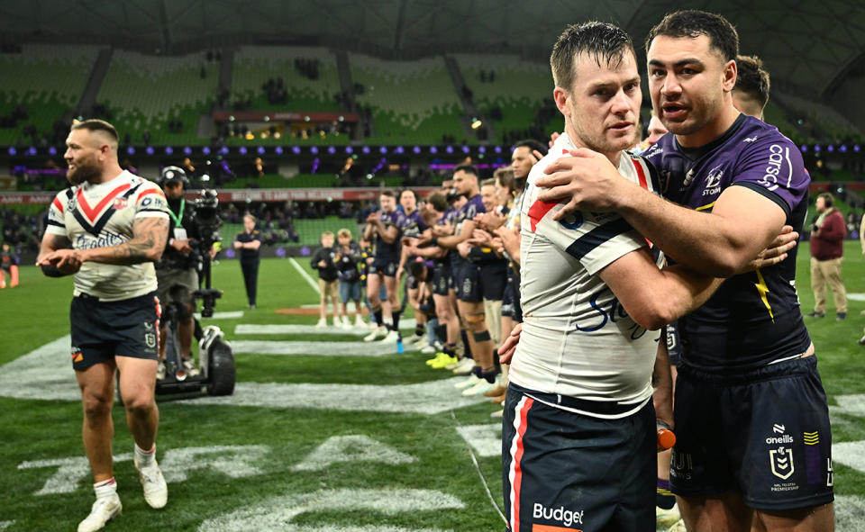 Jahrome Hughes congratulates Luke Keary.