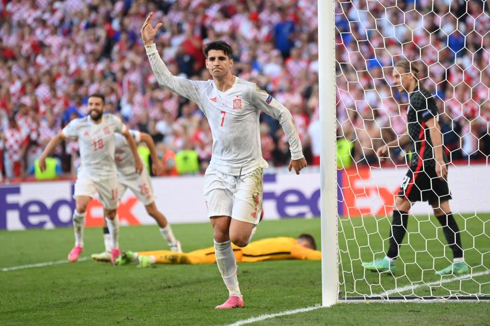 TOPSHOT - Spain's forward Alvaro Morata celebrates after scoring his team's fourth goal during the UEFA EURO 2020 round of 16 football match between Croatia and Spain at the Parken Stadium in Copenhagen on June 28, 2021. (Photo by STUART FRANKLIN / POOL / AFP) (Photo by STUART FRANKLIN/POOL/AFP via Getty Images)