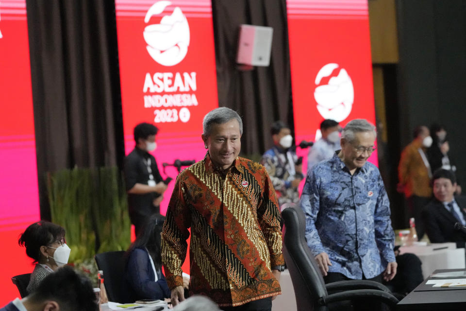 Singaporean Foreign Minister Vivian Balakrishnan walks during the Association of Southeast Asian Nations (ASEAN) foreign ministers retreat in Jakarta, Indonesia, Saturday, Feb. 4, 2023. (AP Photo/Achmad Ibrahim)