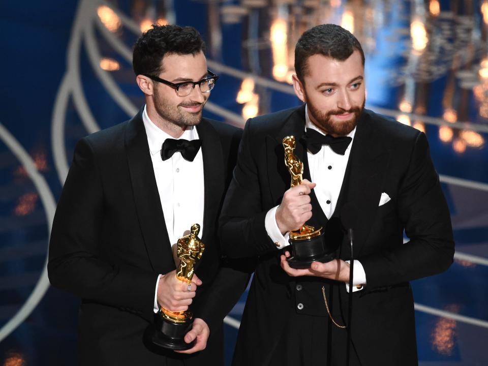 Jimmy Napes and Sam Smith accept the Best Original Song award for 'Writing's on the Wall' from 'Spectre' onstage during the 88th Annual Academy Awards at the Dolby Theatre on February 28, 2016 in Hollywood, California.