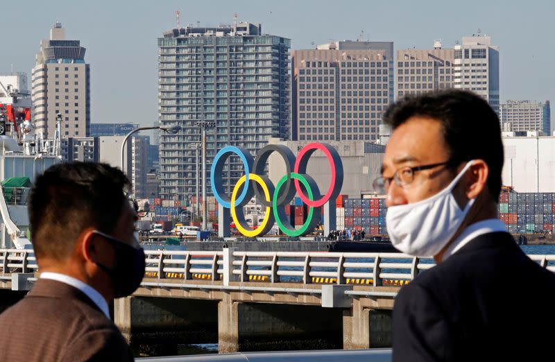 FILE PHOTO: Olympic rings reinstallation at the waterfront area at Odaiba Marine Park in Tokyo